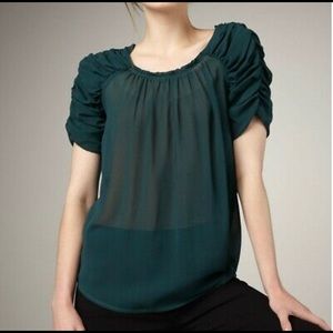 JOIE Aaliyah Green Matte Silk Ruched Blouse Top XS